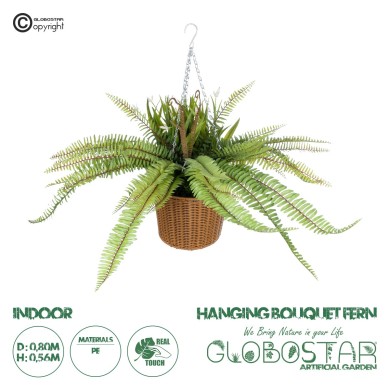 GloboStar® Artificial Garden FERN HANGING BOUQUET PLANT 20629 Τεχνητό Κρεμαστό Διακοσμητικό Φυτό Φτέρης  Y56cm